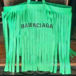 Balenciaga Green Laundry Cabas Fringe Leather Tote Bag